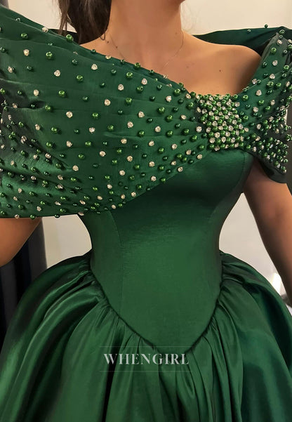 Green Beaded Off Shoulder Ball Gown Short Sleeves Evening Dress Party Gown