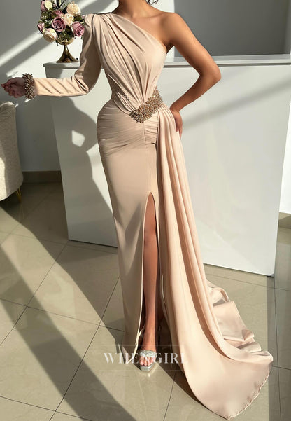 Beige One Shoulder Long Sleeve Pleated Side Slit Beaded Sheath Formal Dress