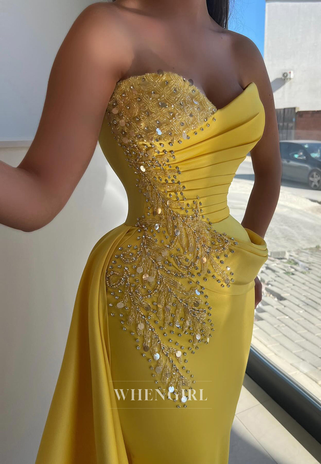 Yellow Sheath Sweetheart Sleeveelss Pleated Beaded Side Train Evening Dress