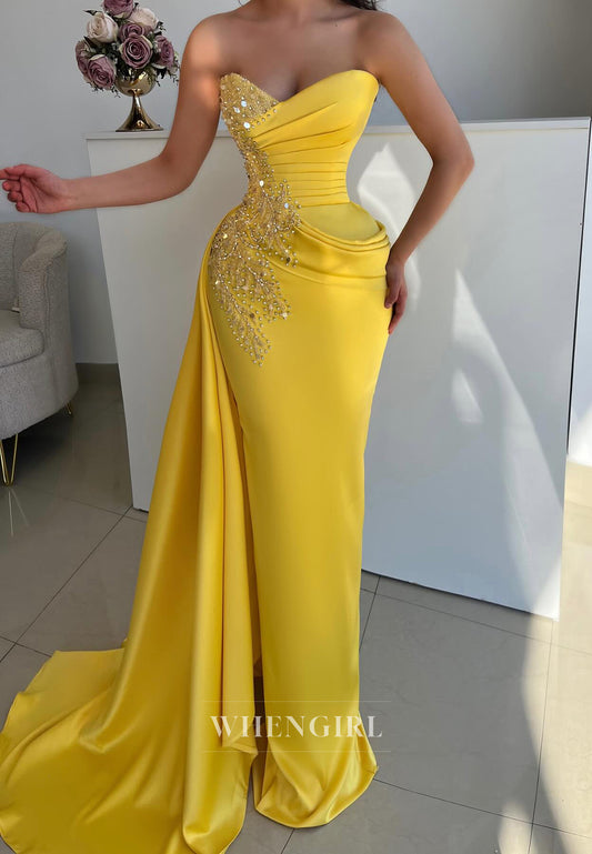 Yellow Sheath Sweetheart Sleeveelss Pleated Beaded Side Train Evening Dress