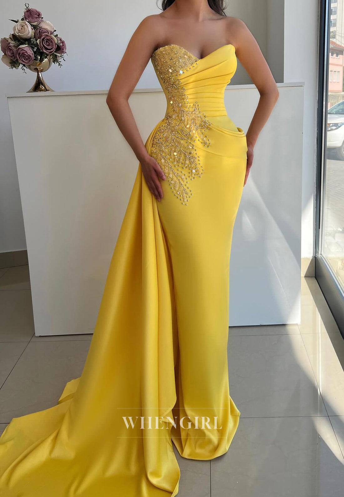 Yellow Sheath Sweetheart Sleeveelss Pleated Beaded Side Train Evening Dress