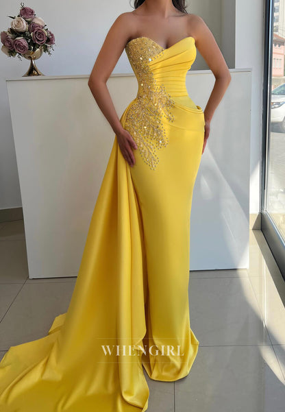 Yellow Sheath Sweetheart Sleeveelss Pleated Beaded Side Train Evening Dress