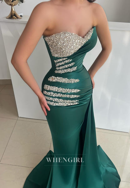 Teal Mermaid Sweetheart Beaded Sleeveless Pleated Evening Dress