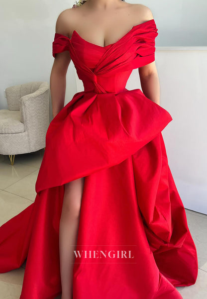 Red Off Shoulder Pleated Ball Gown Sleeveless Sweep Train Evening Gown