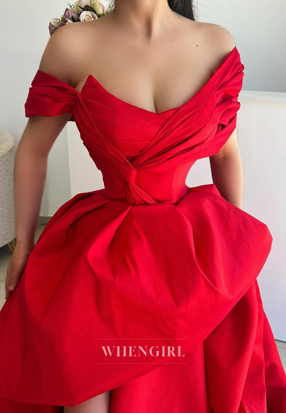 Red Off Shoulder Pleated Ball Gown Sleeveless Sweep Train Evening Gown