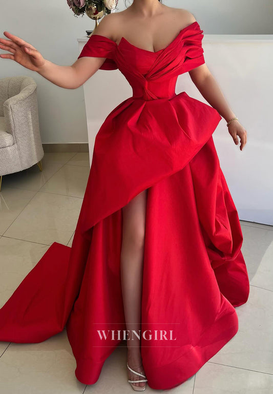 Red Off Shoulder Pleated Ball Gown Sleeveless Sweep Train Evening Gown