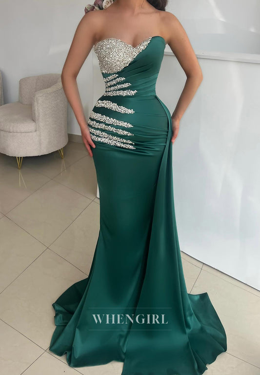 Teal Mermaid Sweetheart Beaded Sleeveless Pleated Evening Dress