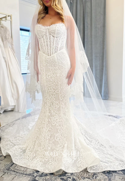 Mermaid Sweetheart Sleeveless Lace Buttons Chapel Train Wedding Dress