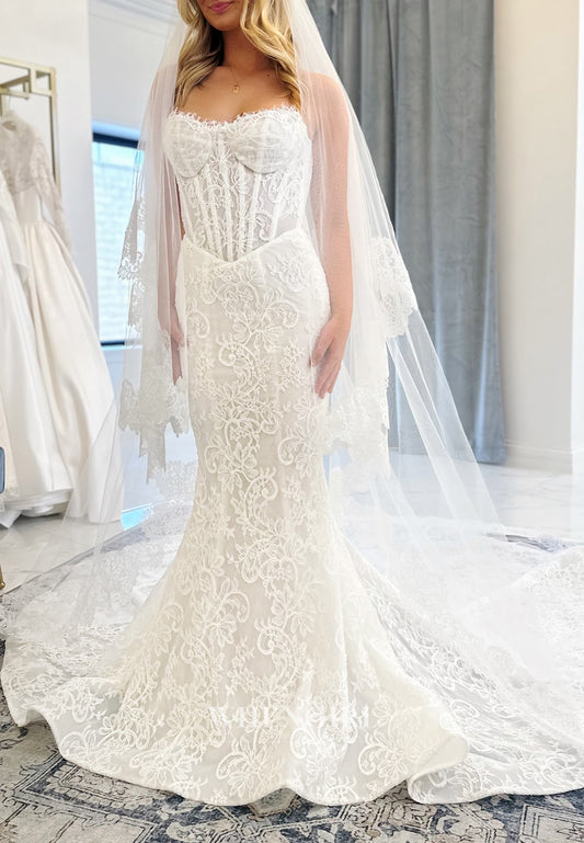 Mermaid Sweetheart Sleeveless Lace Buttons Chapel Train Wedding Dress