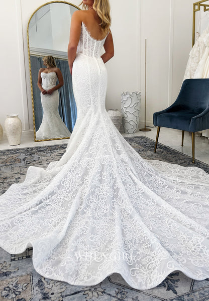 Mermaid Sweetheart Sleeveless Lace Buttons Chapel Train Wedding Dress