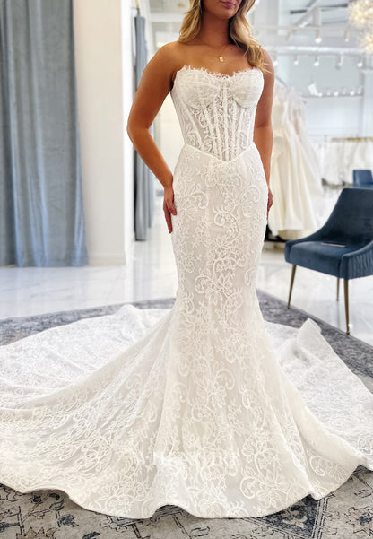 Mermaid Sweetheart Sleeveless Lace Buttons Chapel Train Wedding Dress