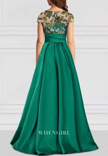 A-Line Bateau Neck Cap Sleeves Sequins Embroidery Side Slit Mother of the Bride Dress