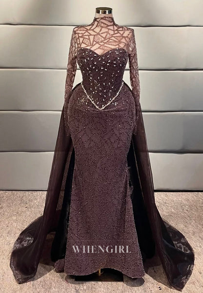 Raspberry High Neck Long Sleeves Evening Dress Rhinestone Beading Sheath Formal Gown with Removable Train