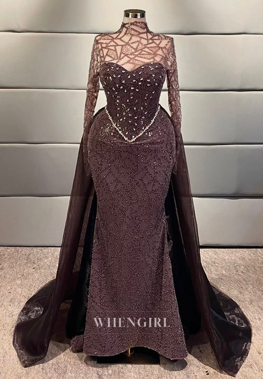 Raspberry High Neck Long Sleeves Evening Dress Rhinestone Beading Sheath Formal Gown with Removable Train