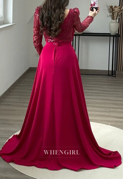 Asymmetrical Neck Long Beaded Sleeves Sheath Side Slit Sweep Train Formal Evening Dress