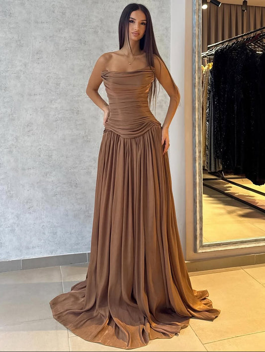 Floor Length Minimalist Brown Straight Across Pleated Sleeveless Prom Dress
