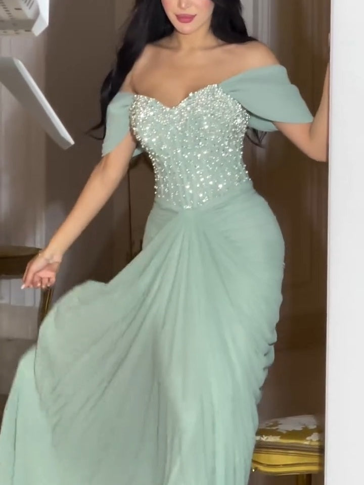 Classic Sequin-Embellished Chiffon Sheath Strapless Evening Gown