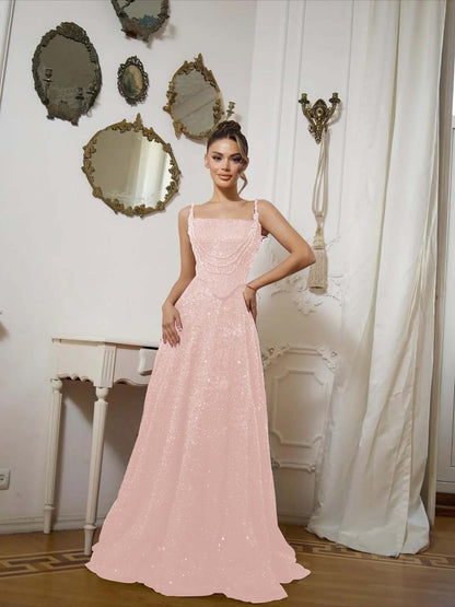 Burgundy Dazzling Spaghetti-Straps Beaded Sleeveless Pleated Prom Dress