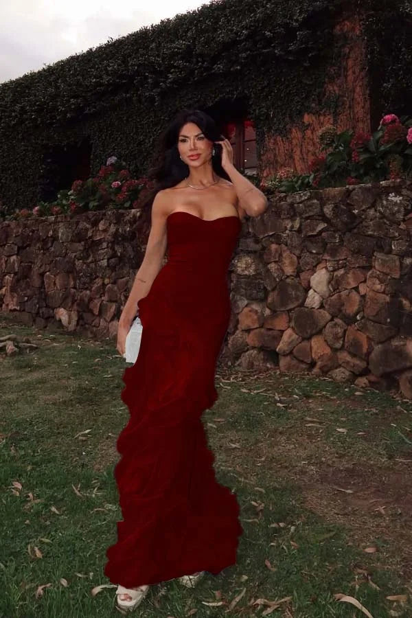 Chiffon Sweetheart Strapless Sleeveless Long Prom Dress With Ruffles