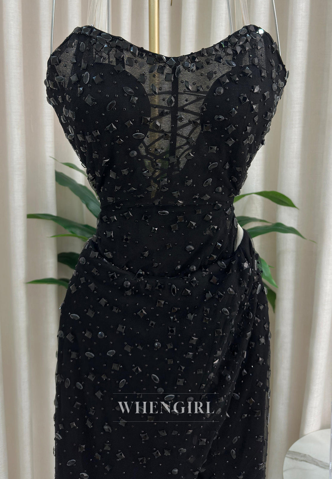 Sheath Full Beaded Strapless Sleeveless Pleated Side Slit Formal Prom Dress