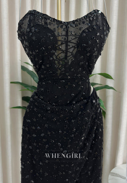 Sheath Full Beaded Strapless Sleeveless Pleated Side Slit Formal Prom Dress