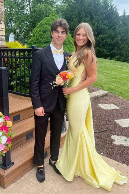 Mermaid V Neck Yellow Satin Prom Dress with Cross Back