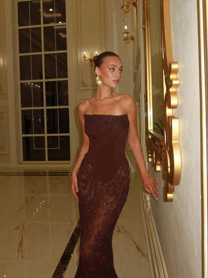 Elegant Brown Beadings Straight Across Sleeveless Prom Dress