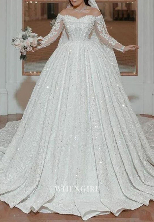 Luxury Off Shoulder Long Sleeves Beade Ball Gown Wedding Dress with Cathedral Train