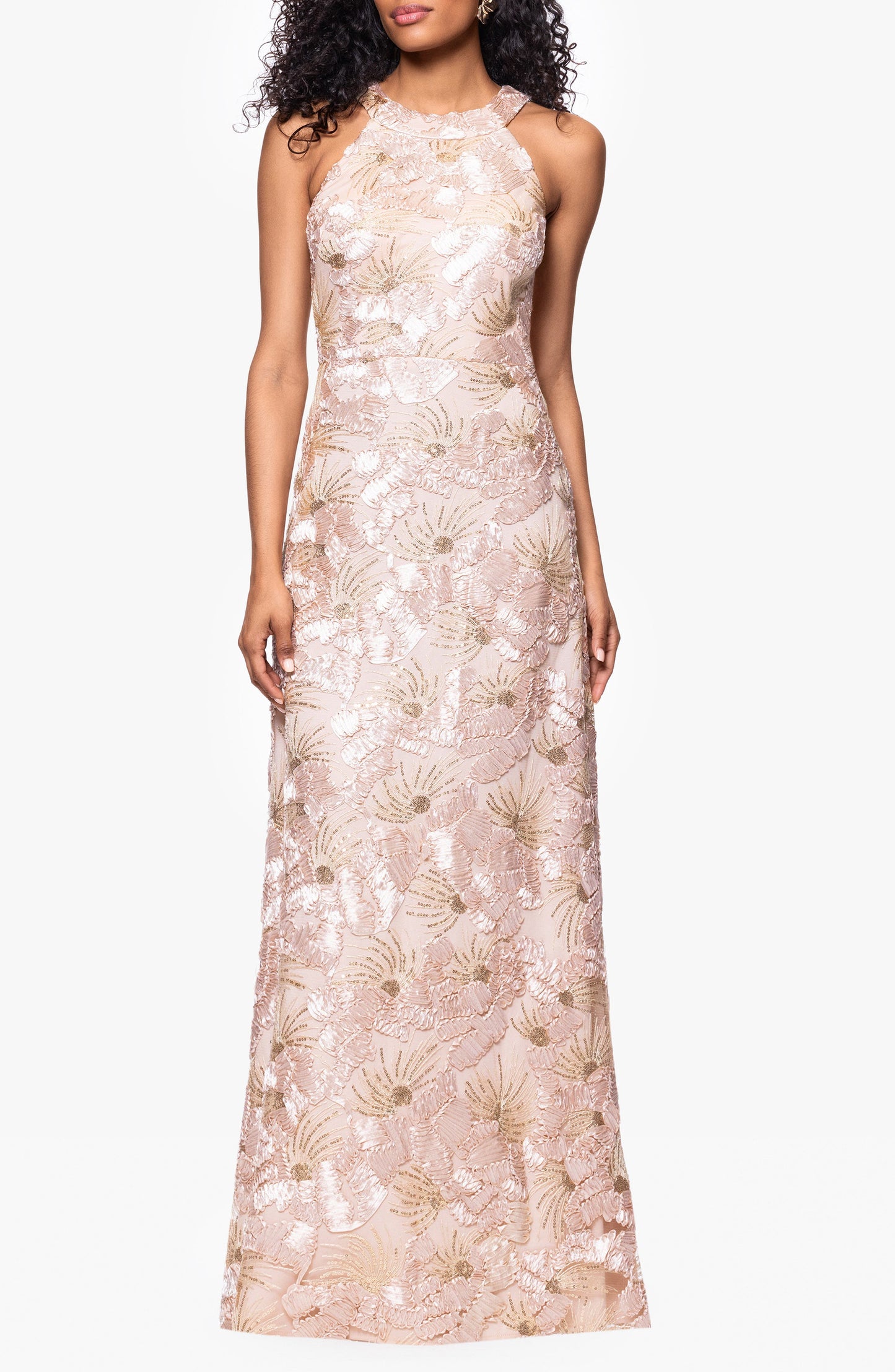 Sequin Floral Sleeveless Halter Mother of the Bride Gown