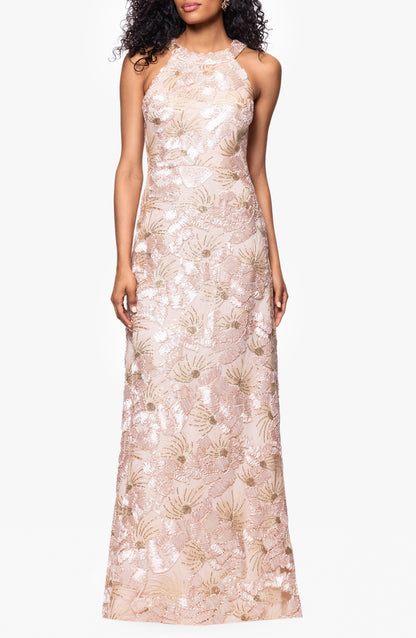 Sequin Floral Sleeveless Halter Mother of the Bride Gown