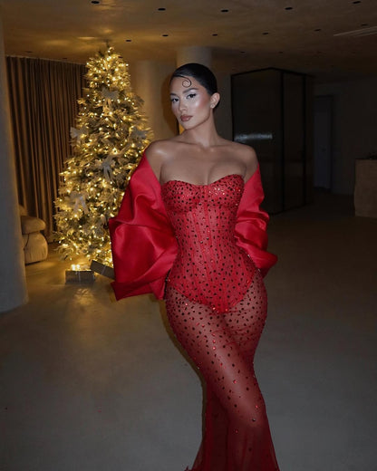 Sexy Red Mermaid Semi-Sweetheart Rhinestone Sleeveless Prom Dress