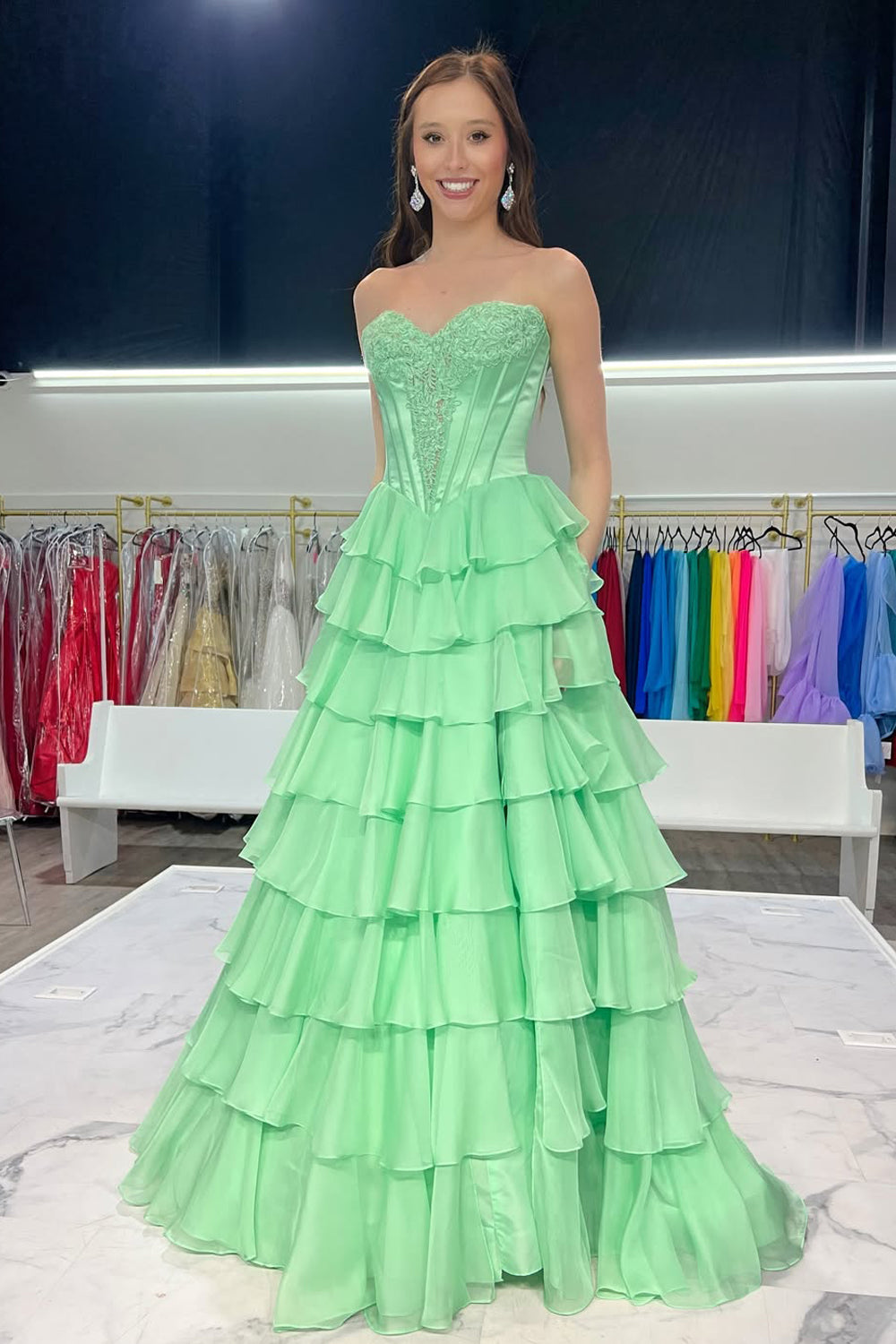 A Line Sweetheart Mint Chiffon Tiered Prom Dress