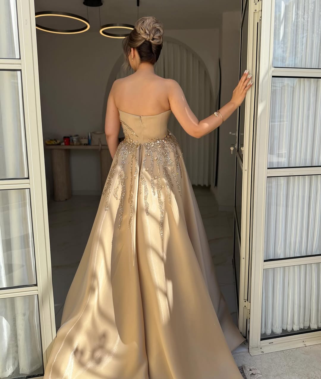 Pleated Radiant Gold Straight Across Rhinestone Sleeveless Evening Dress