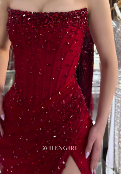 Sheath Full Beaded Strapless Sleeveless Pleated Side Slit Formal Prom Dress