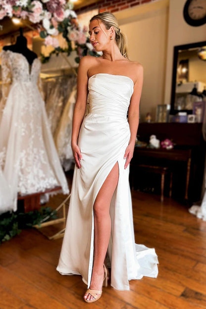 Mermaid Strapless White Satin Wedding Dresses with Slit