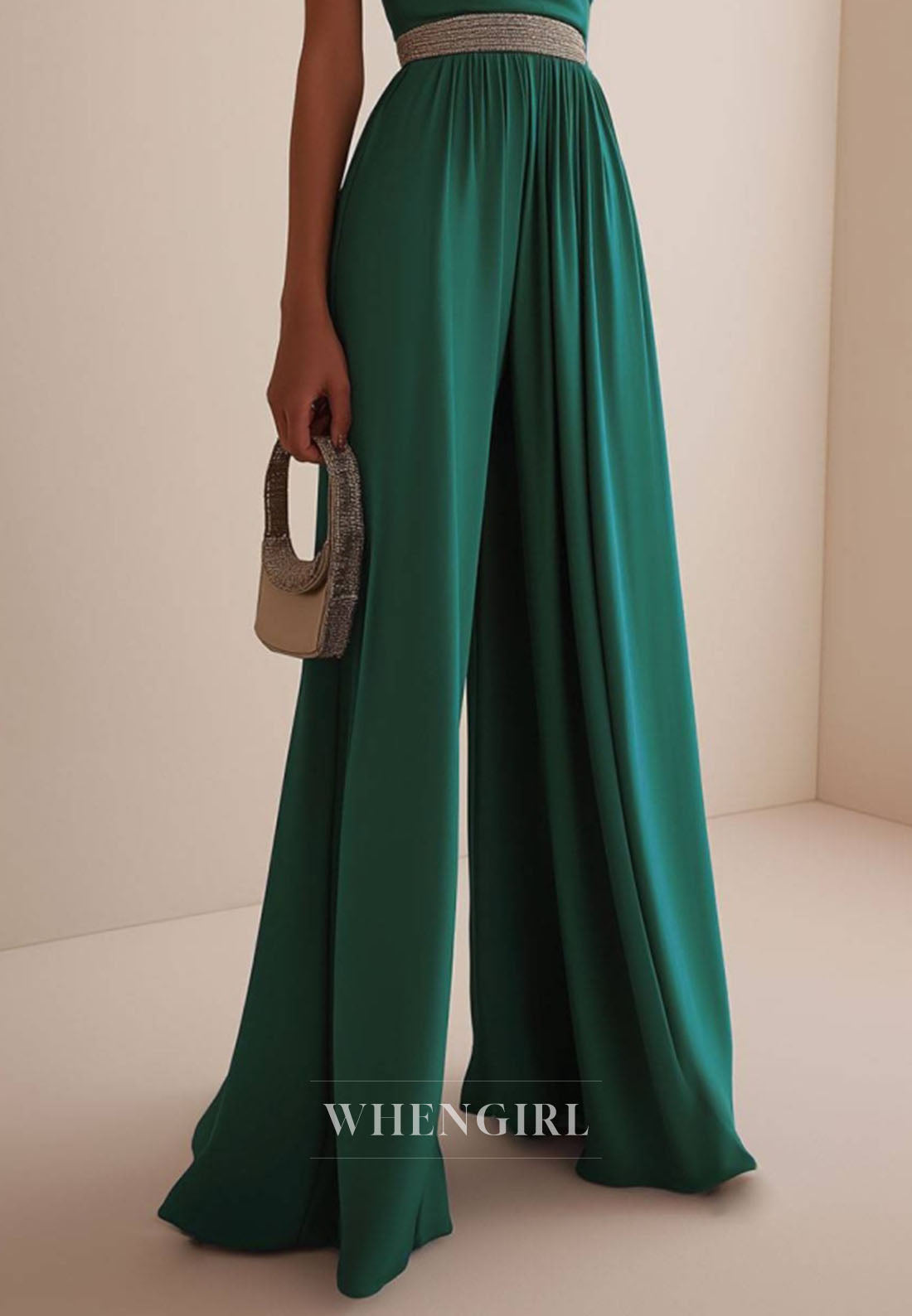Elegant High Neck Sleeveless Pleats Satin Beaded Formal Jumpsuit