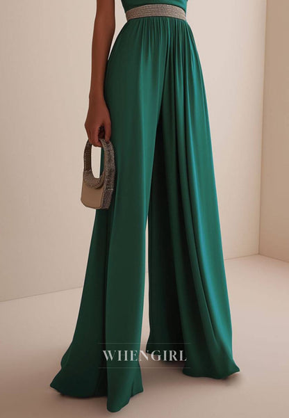 Elegant High Neck Sleeveless Pleats Satin Beaded Formal Jumpsuit