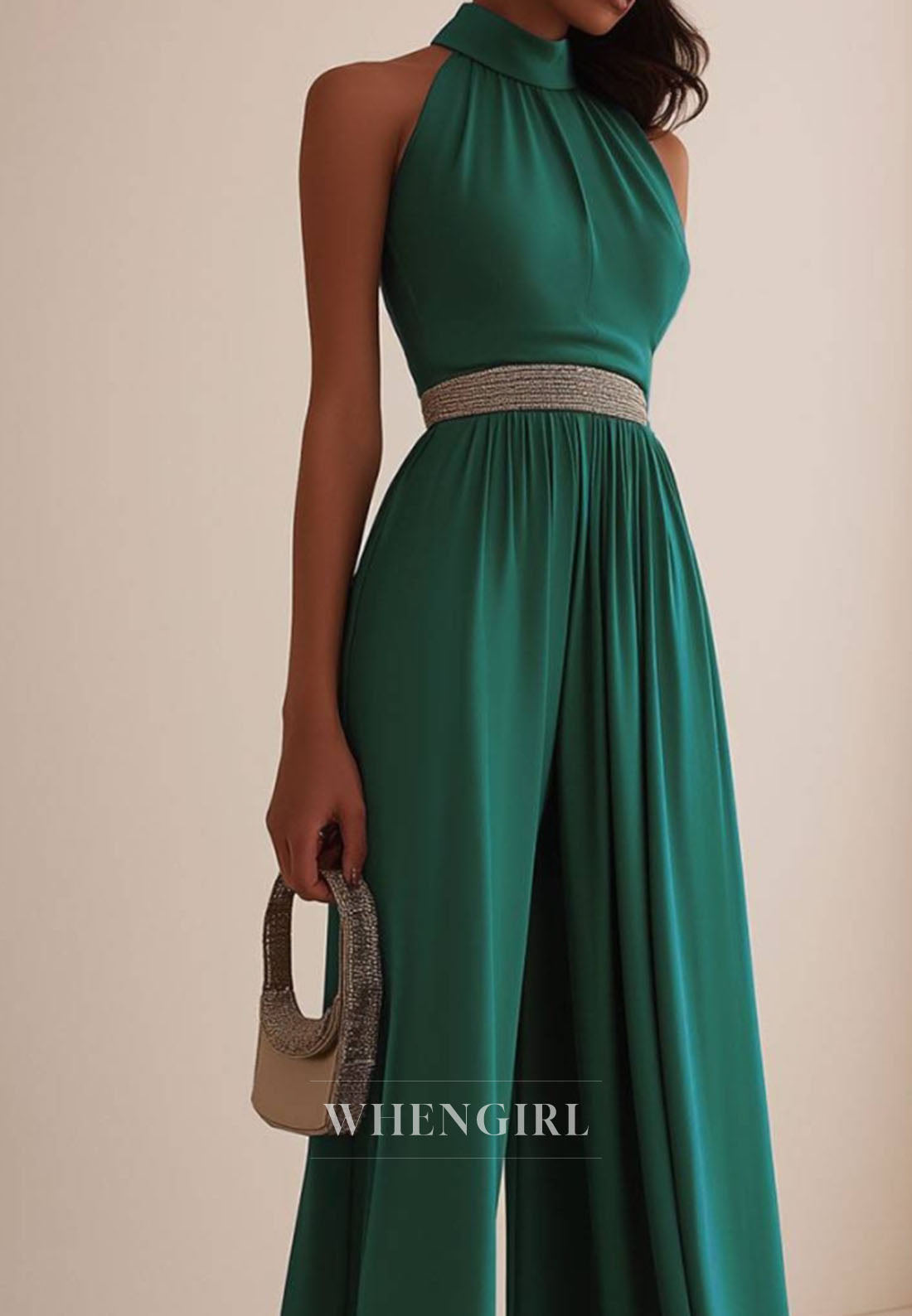 Elegant High Neck Sleeveless Pleats Satin Beaded Formal Jumpsuit