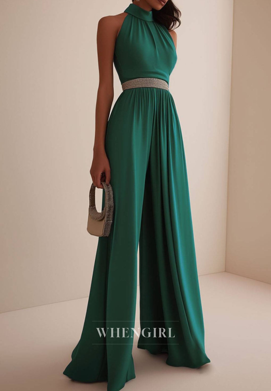 Elegant High Neck Sleeveless Pleats Satin Beaded Formal Jumpsuit
