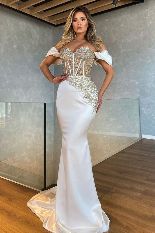 Stunning White Sweetheart Off the Shoulder Mermaid Evening Dress With Appliques