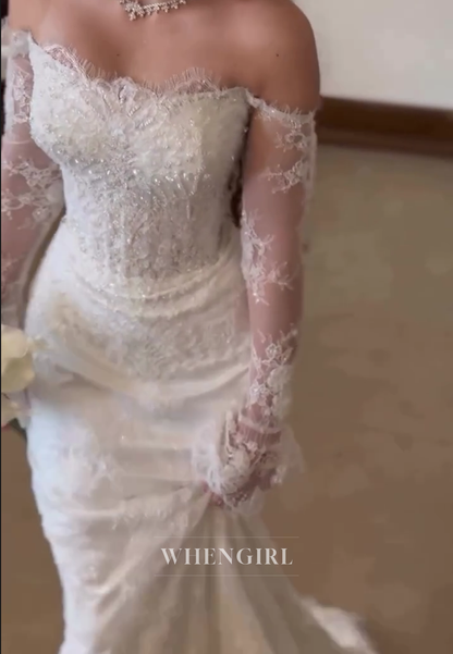 Mermaid Beaded Off Shoulder Long Sleeves Lace Wedding Dress