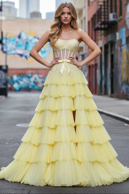 Strapless Bowknot Corset Ruffle Prom Dress