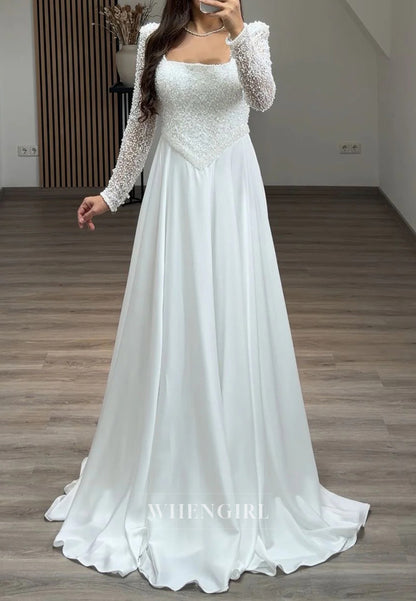A-Line Beaded Square Neck Long Sleeves Long Formal Evening Dress
