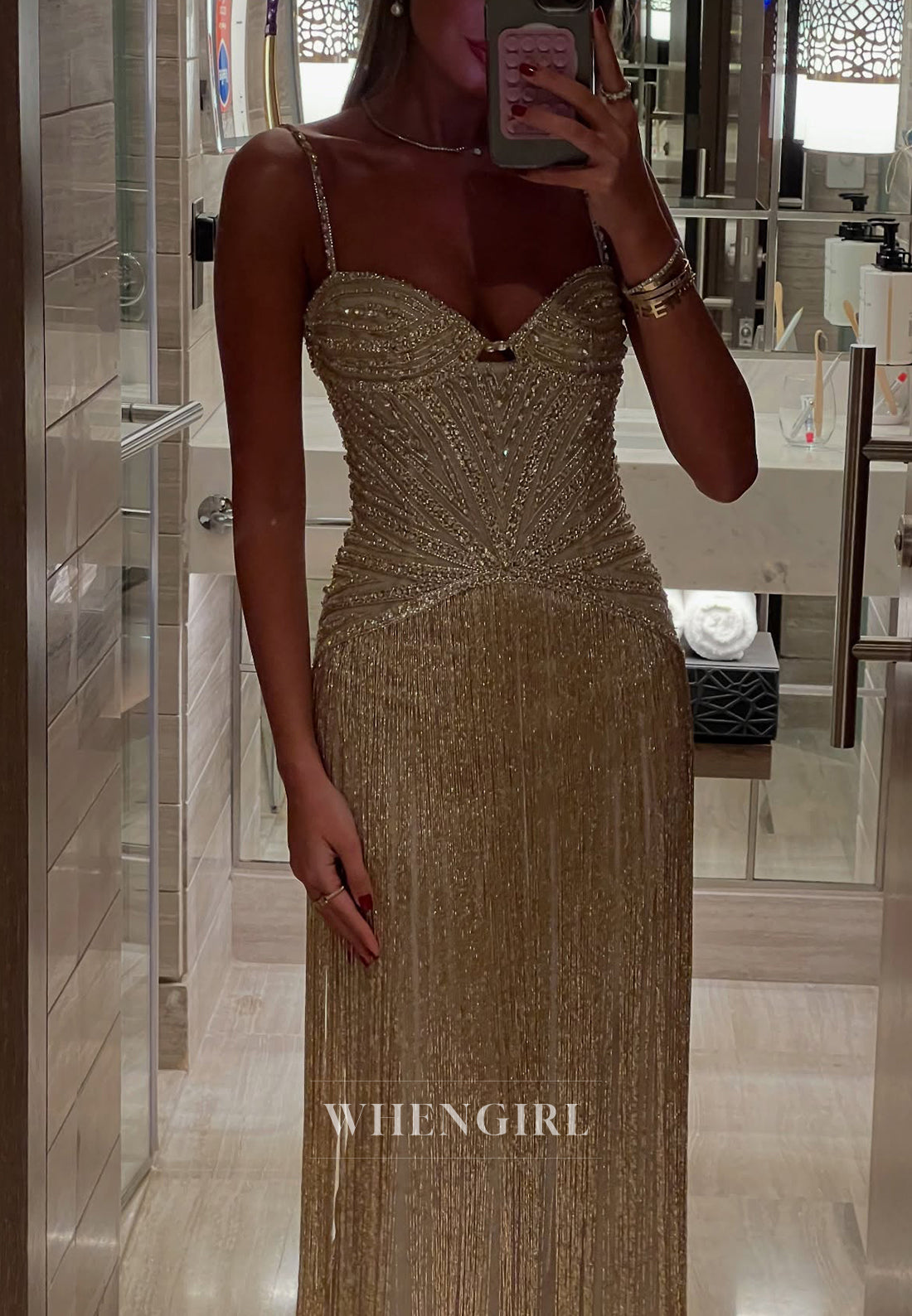 Gold Sweetheart Spaghetti Straps Beaded Back Zipper Prom Party Dress