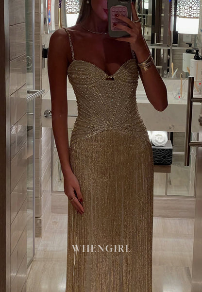 Gold Sweetheart Spaghetti Straps Beaded Back Zipper Prom Party Dress