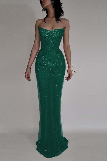Luxurious Nude Corset Strapless Prom Dress Sleeveles with Crystal