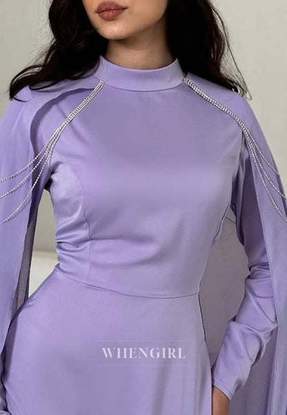High Neck Long Sleeves Formal Gown Floor Length Lace Up Sheath Evening Dress