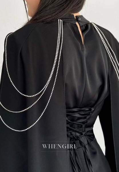 High Neck Long Sleeves Formal Gown Floor Length Lace Up Sheath Evening Dress