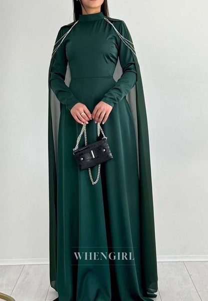 High Neck Long Sleeves Formal Gown Floor Length Lace Up Sheath Evening Dress
