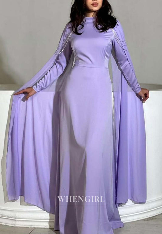 High Neck Long Sleeves Formal Gown Floor Length Lace Up Sheath Evening Dress